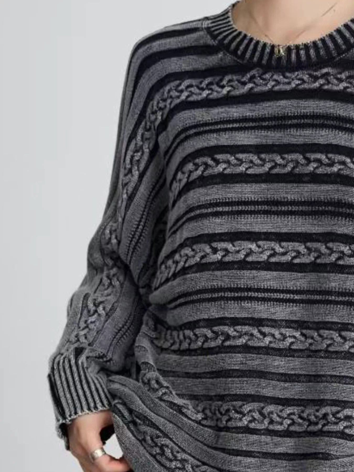 Striped Cable Knit Long Sleeve Sweater designed for comfort and style at Lookzlike