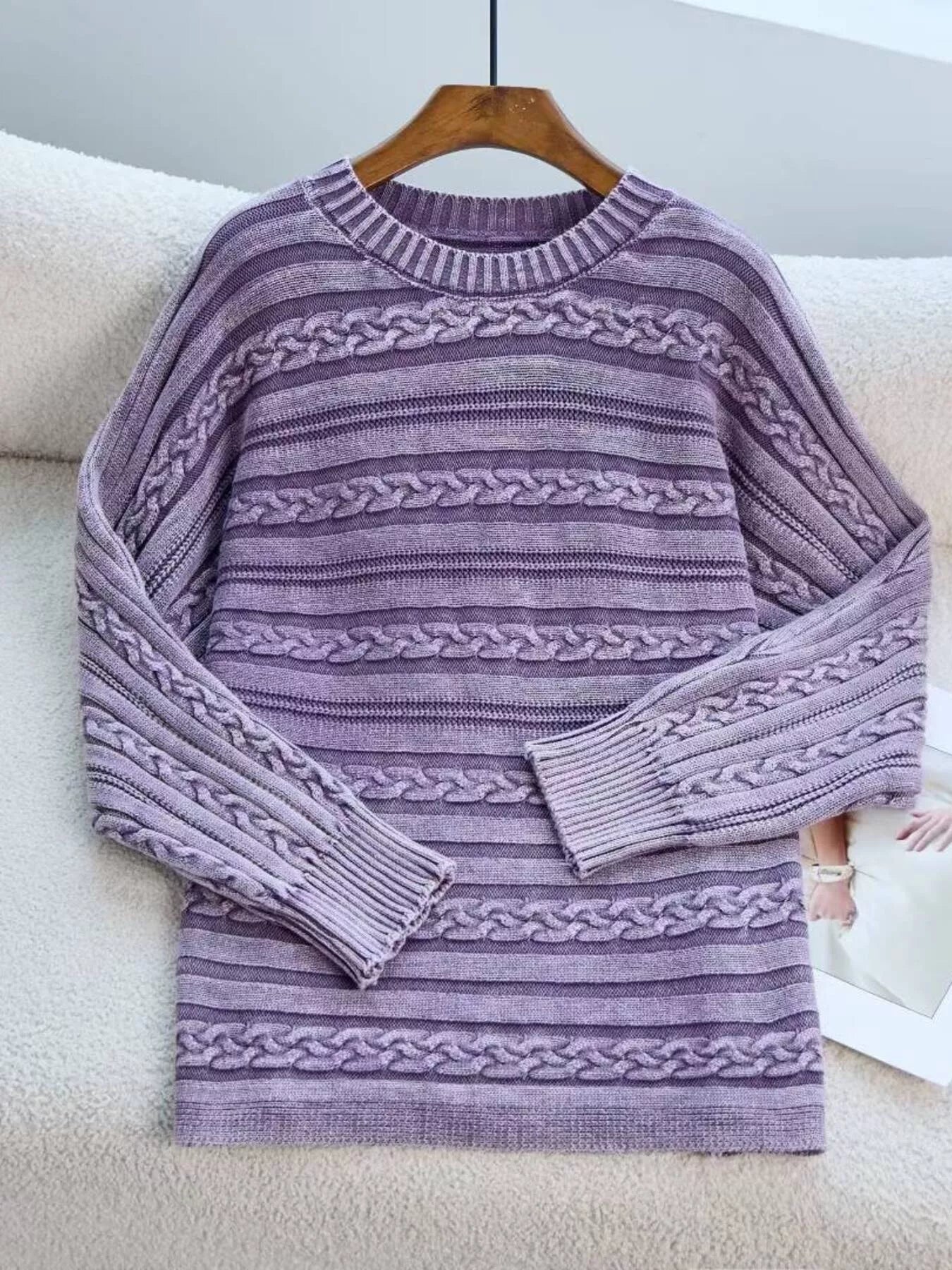 Striped Cable Knit Long Sleeve Sweater designed for comfort and style at Lookzlike