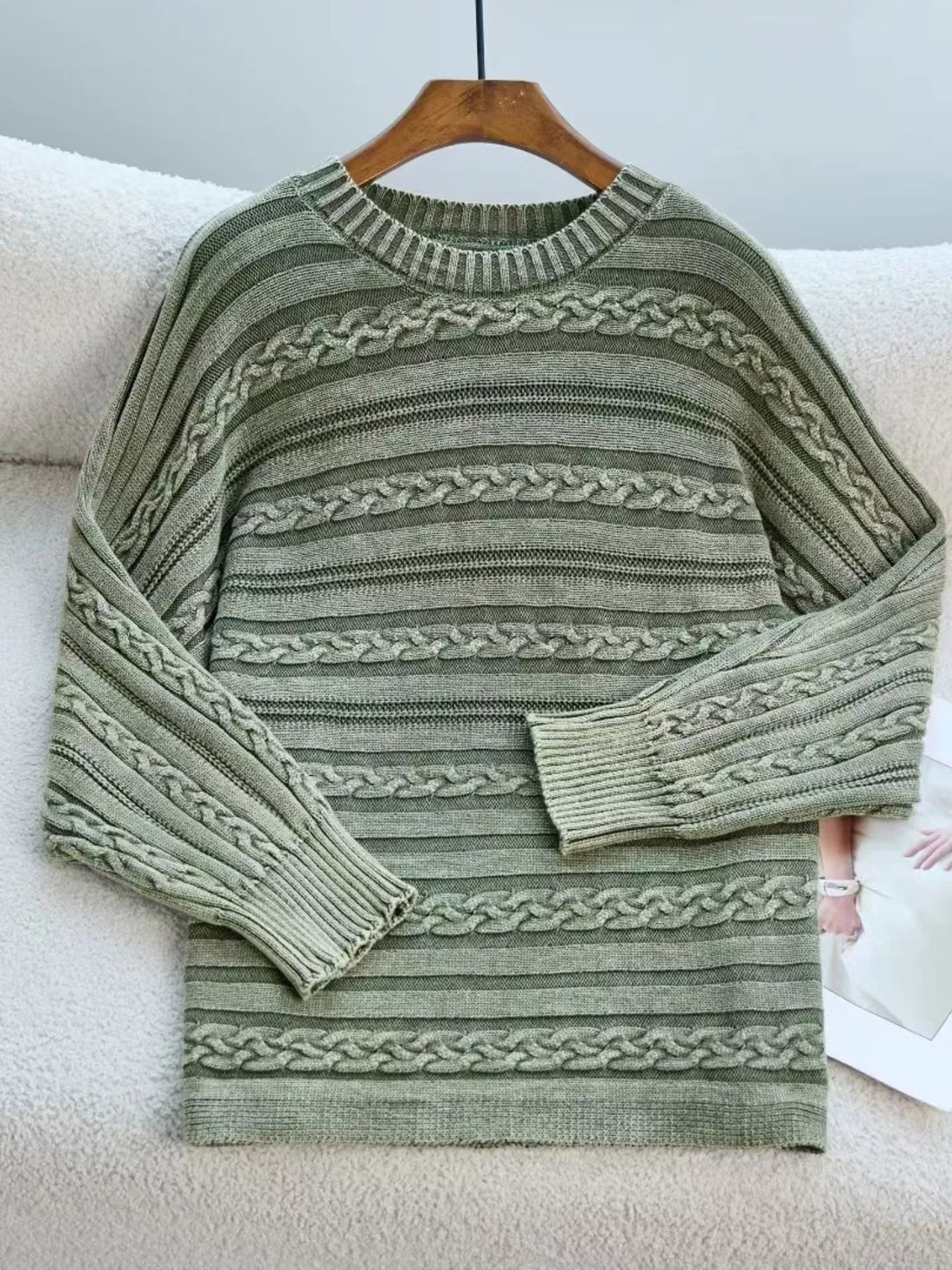 Striped Cable Knit Long Sleeve Sweater designed for comfort and style at Lookzlike