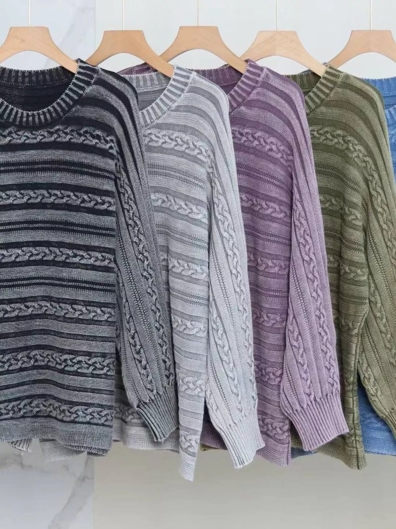 Striped Cable Knit Long Sleeve Sweater designed for comfort and style at Lookzlike