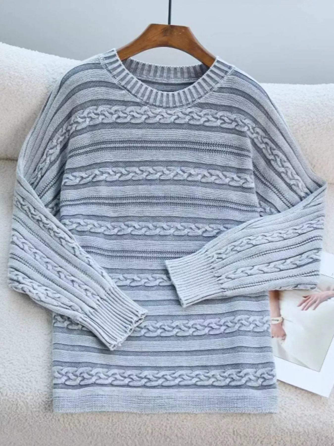 Striped Cable Knit Long Sleeve Sweater designed for comfort and style at Lookzlike