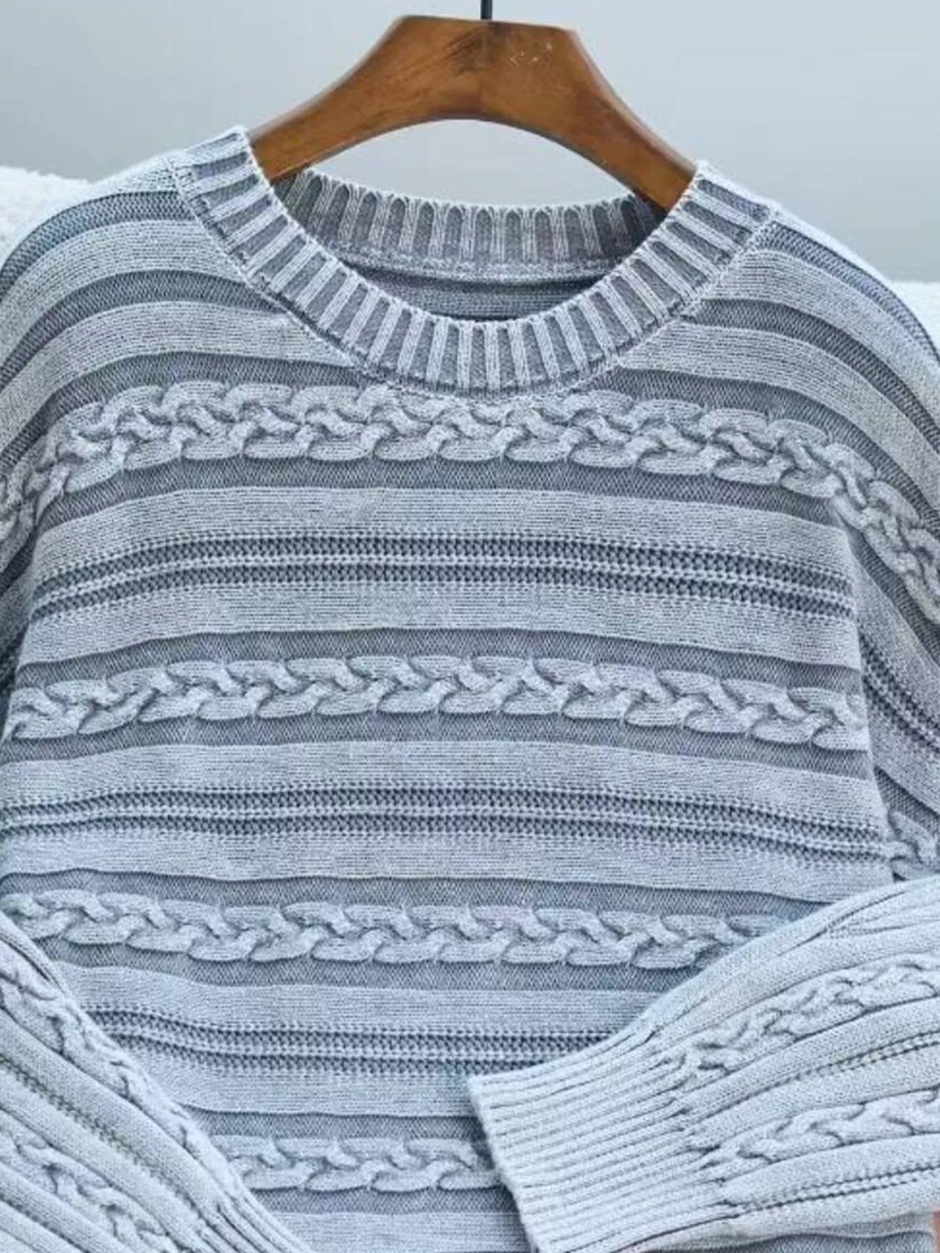 Striped Cable Knit Long Sleeve Sweater designed for comfort and style at Lookzlike