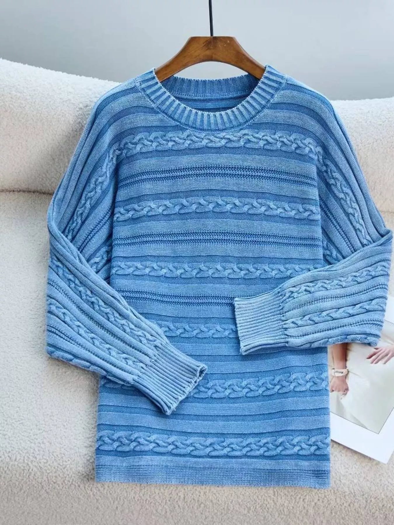 Striped Cable Knit Long Sleeve Sweater designed for comfort and style at Lookzlike