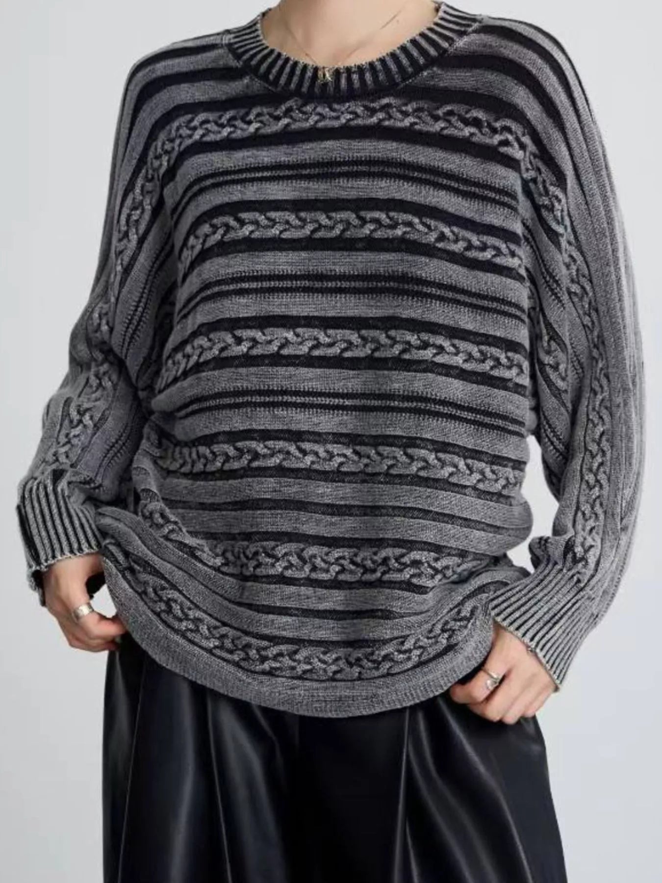 Striped Cable Knit Long Sleeve Sweater designed for comfort and style at Lookzlike