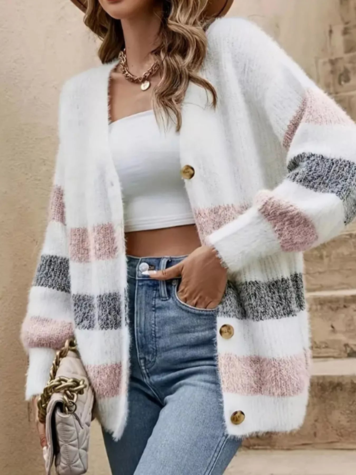 Striped Fuzzy Knit Button - Up Cardigan designed for comfort and style at Lookzlike