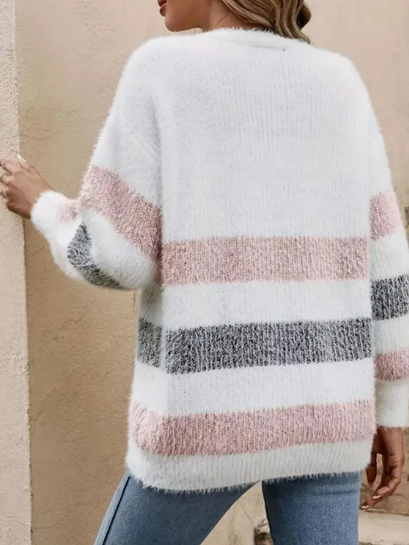 Striped Fuzzy Knit Button - Up Cardigan designed for comfort and style at Lookzlike