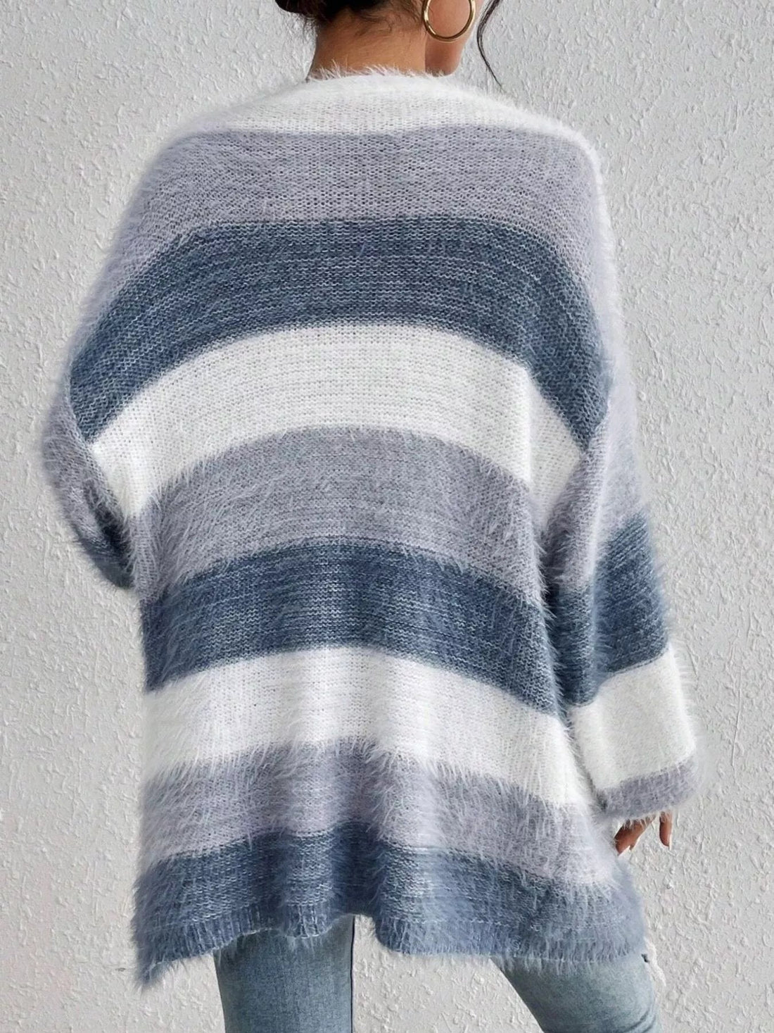 Striped Fuzzy Knit Open Front Cardigan designed for comfort and style at Lookzlike