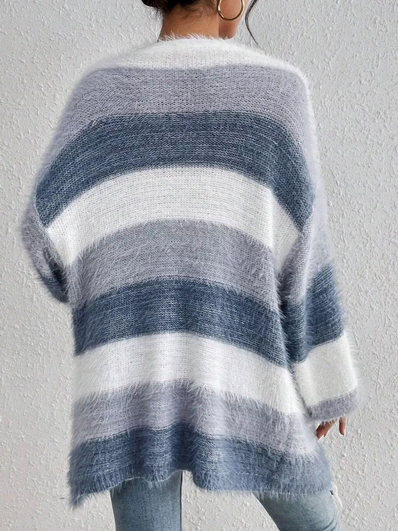 Striped Fuzzy Knit Open Front Cardigan designed for comfort and style at Lookzlike