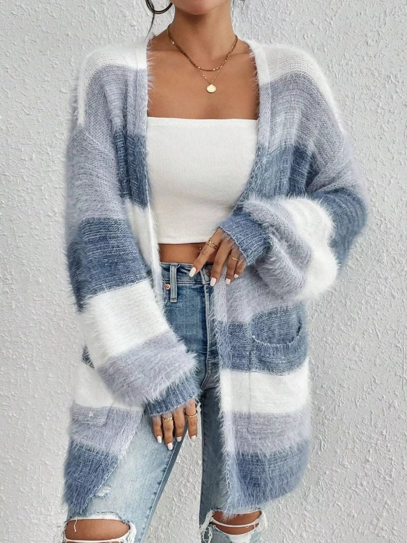 Striped Fuzzy Knit Open Front Cardigan designed for comfort and style at Lookzlike