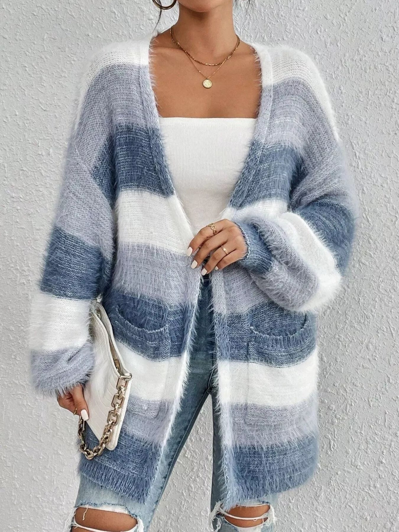 Striped Fuzzy Knit Open Front Cardigan designed for comfort and style at Lookzlike