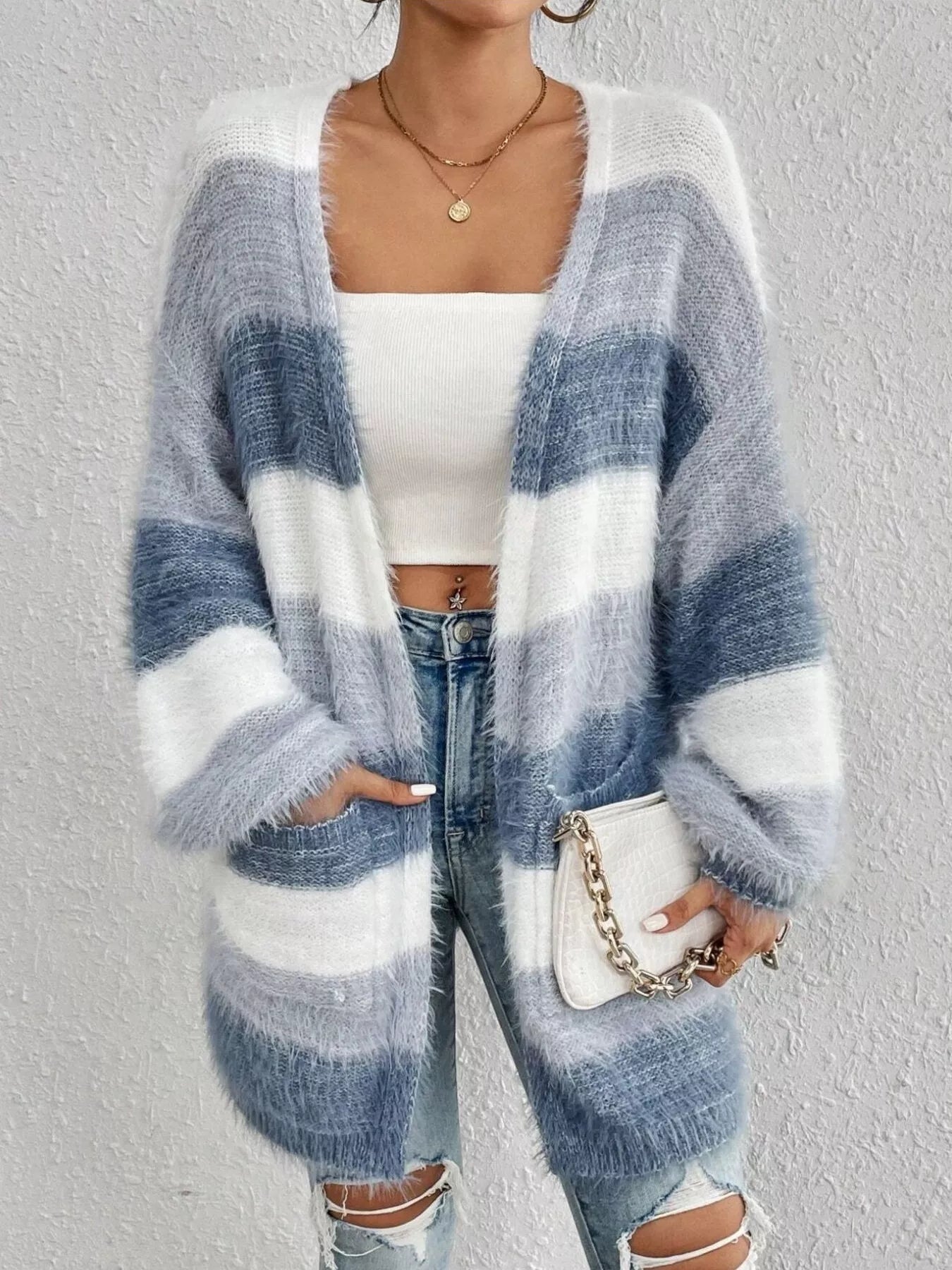 Striped Fuzzy Knit Open Front Cardigan designed for comfort and style at Lookzlike