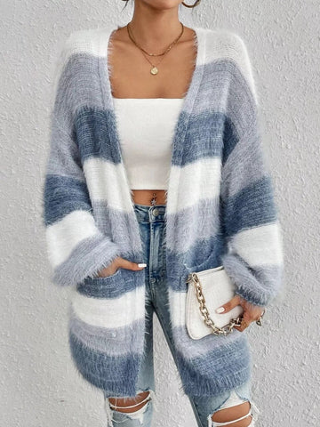 Striped Fuzzy Knit Open Front Cardigan designed for comfort and style at Lookzlike