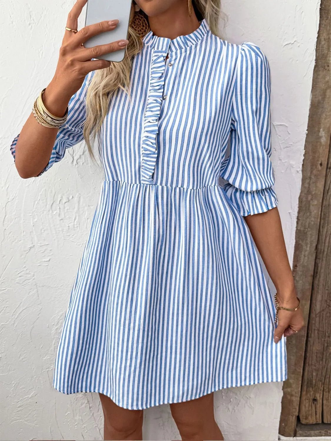 Striped Half Sleeve Mini Shirt Dress - Lookzlike