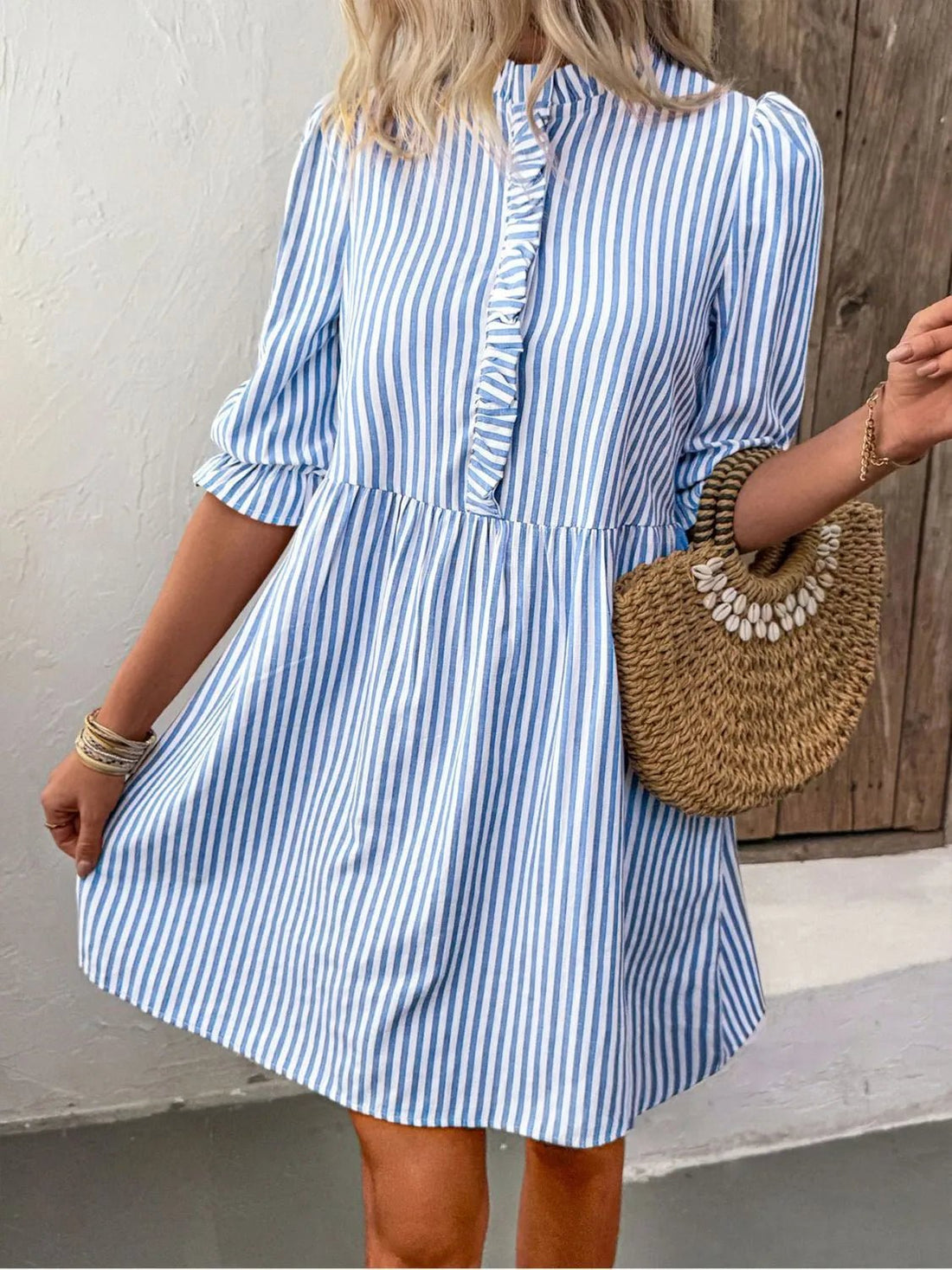 Striped Half Sleeve Mini Shirt Dress - Lookzlike