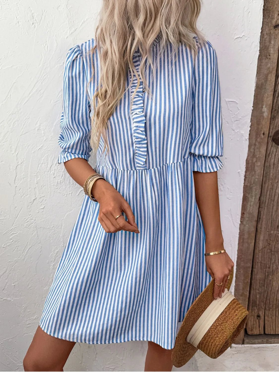 Striped Half Sleeve Mini Shirt Dress - Lookzlike