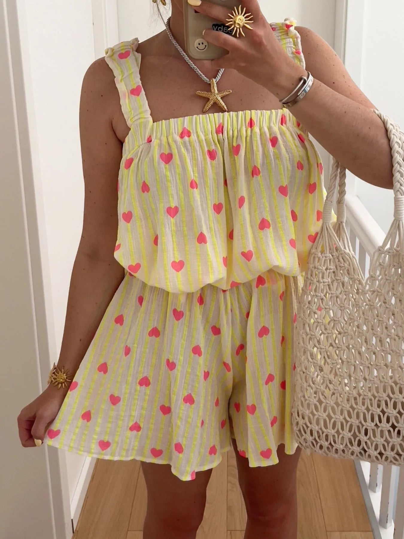 Striped Heart Cami Top and Shorts Set designed for comfort and style at Lookzlike