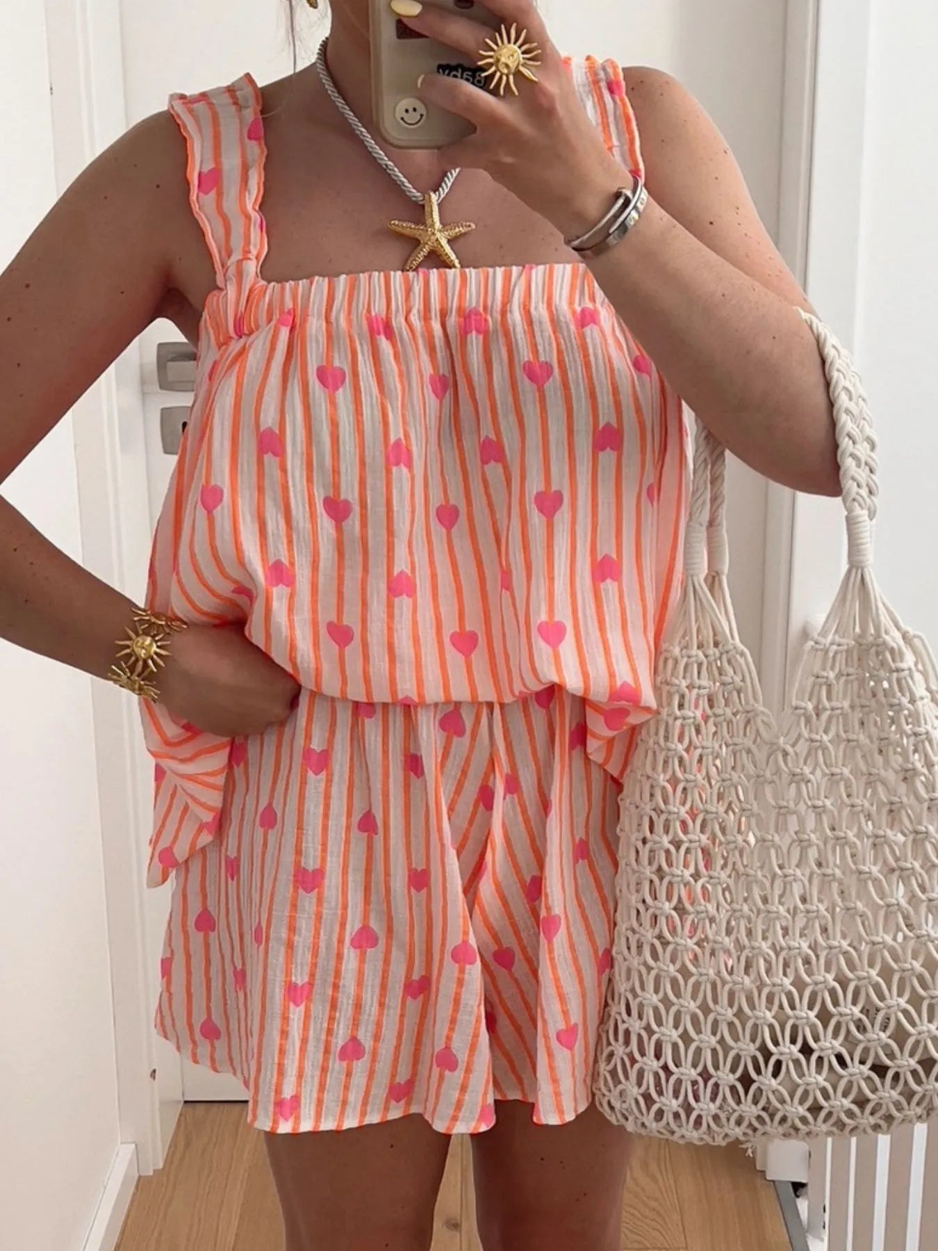 Striped Heart Cami Top and Shorts Set designed for comfort and style at Lookzlike