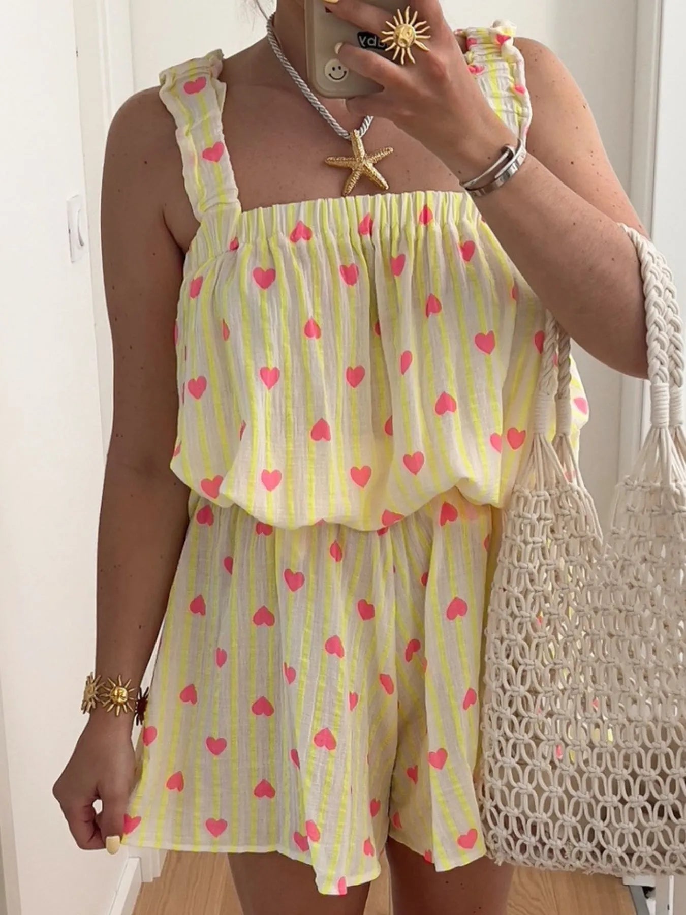 Striped Heart Cami Top and Shorts Set designed for comfort and style at Lookzlike