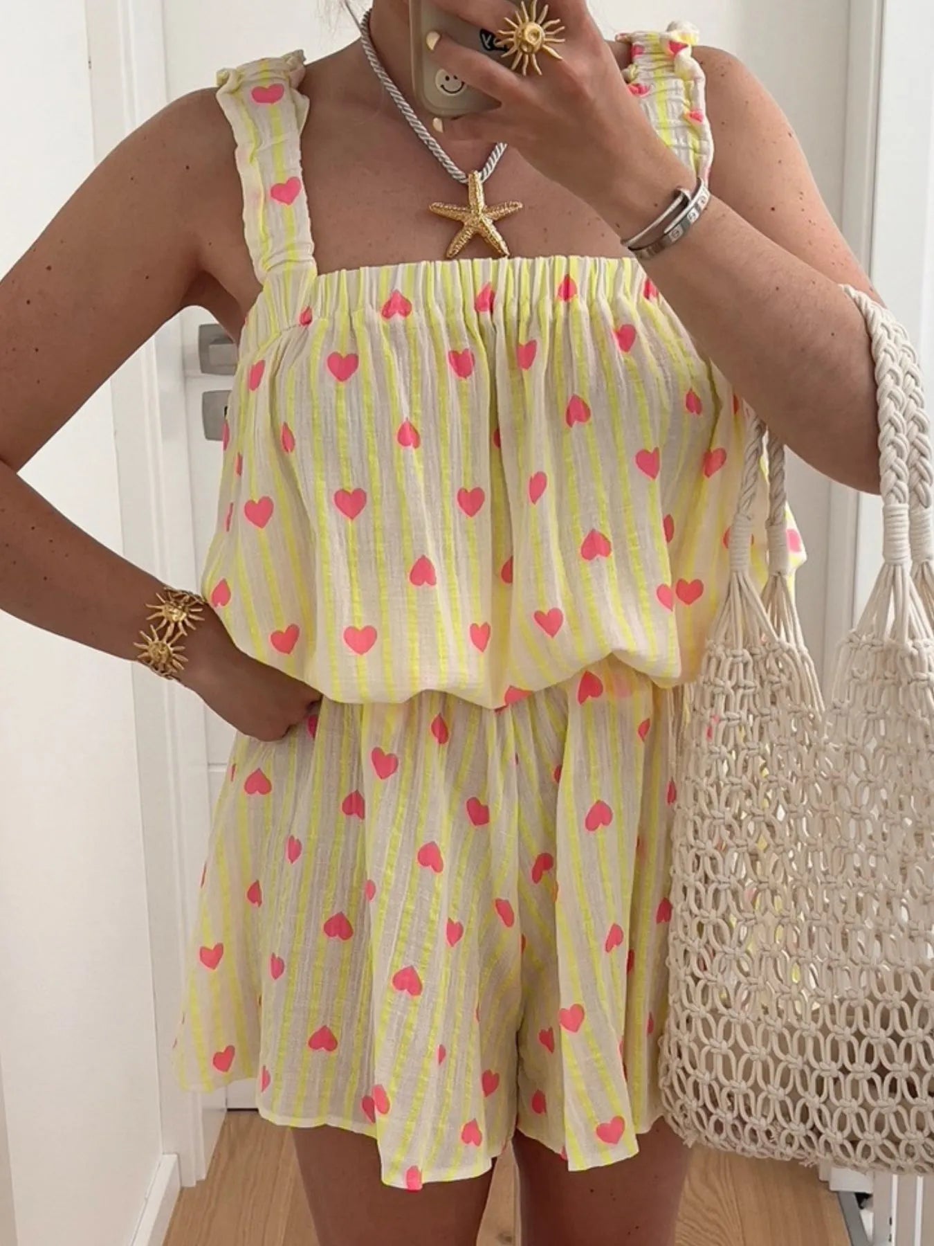 Striped Heart Cami Top and Shorts Set designed for comfort and style at Lookzlike