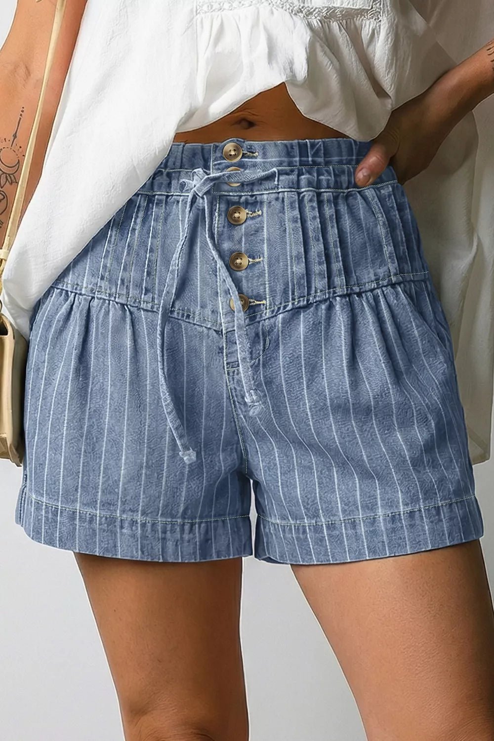 Striped High-Waisted Denim Shorts designed for comfort and style at Lookzlike