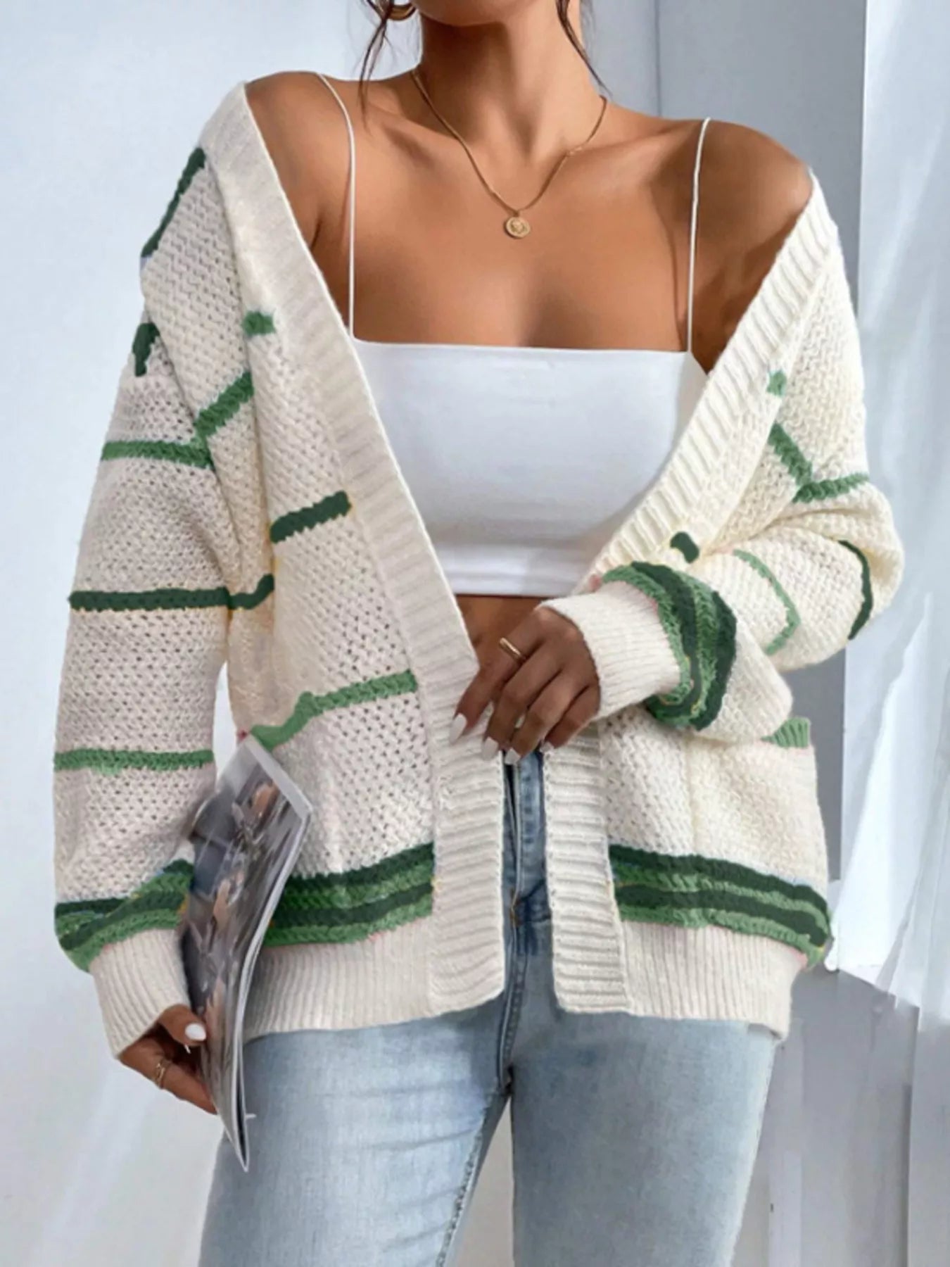Striped Knit Open Front Cardigan designed for comfort and style at Lookzlike