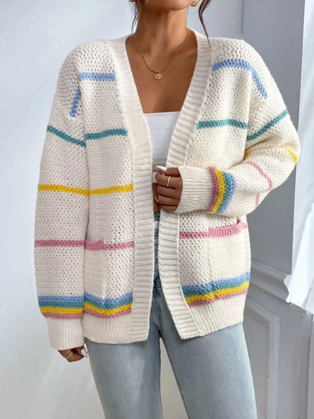 Striped Knit Open Front Cardigan designed for comfort and style at Lookzlike