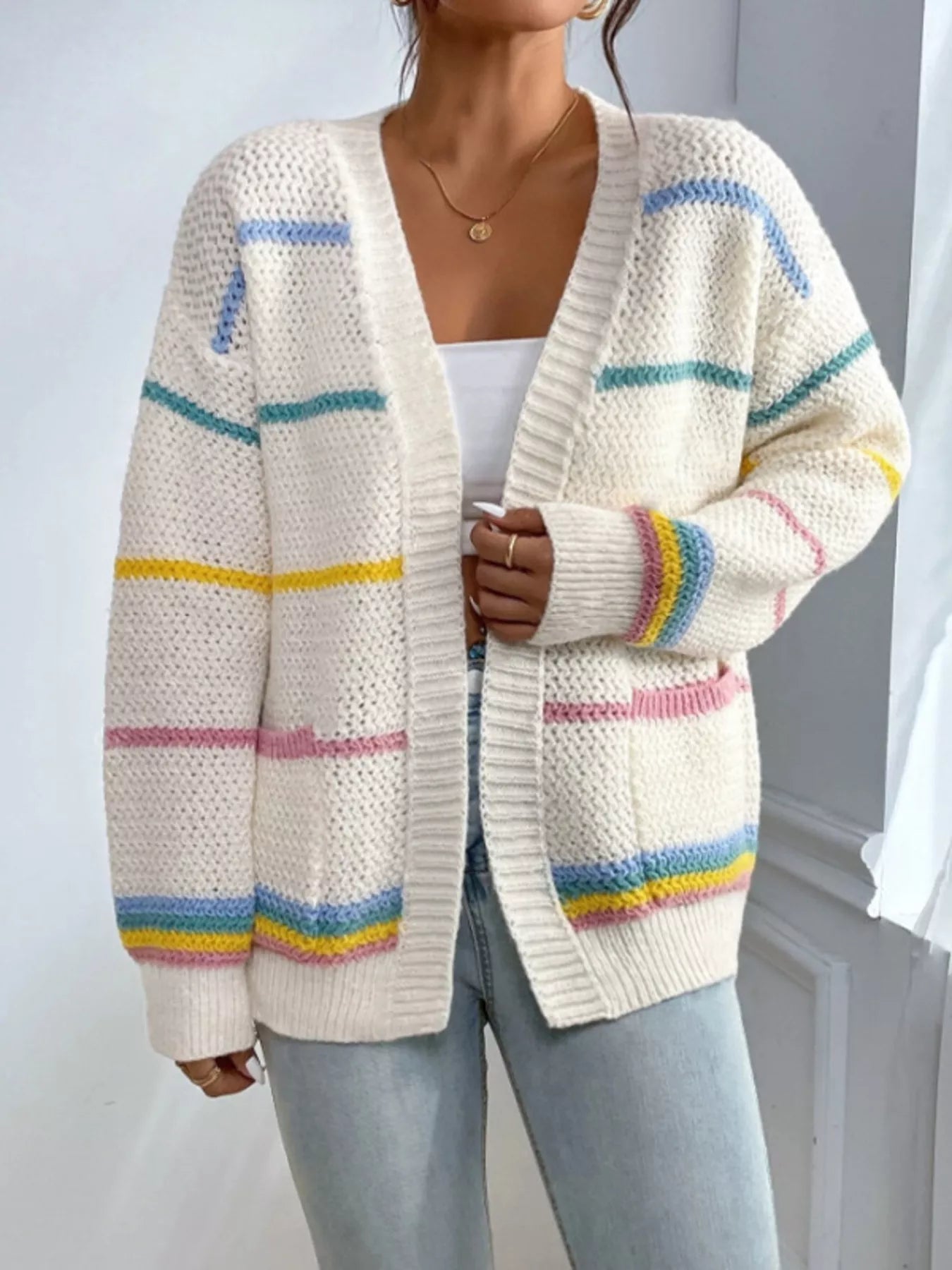 Striped Knit Open Front Cardigan designed for comfort and style at Lookzlike