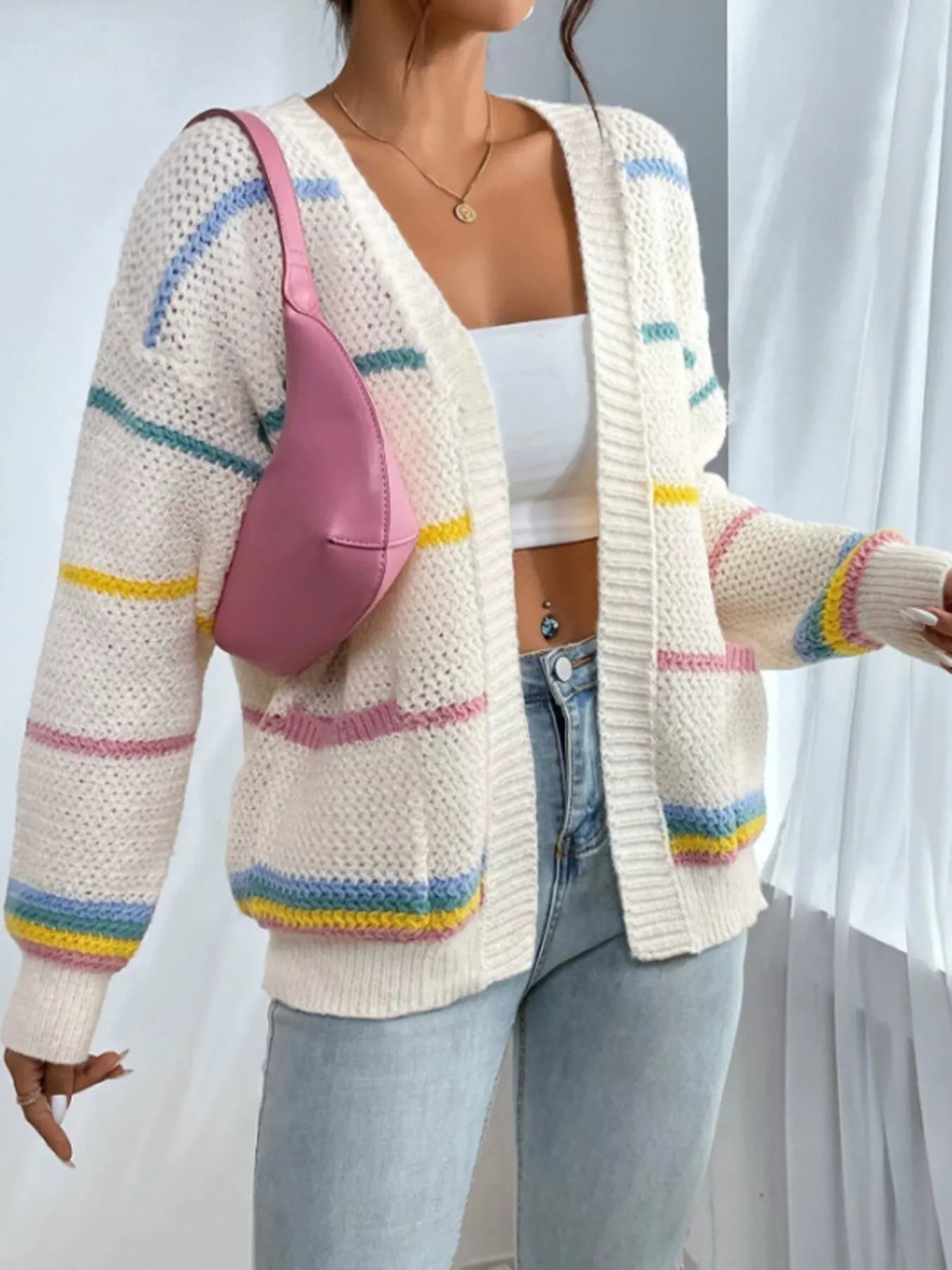 Striped Knit Open Front Cardigan designed for comfort and style at Lookzlike