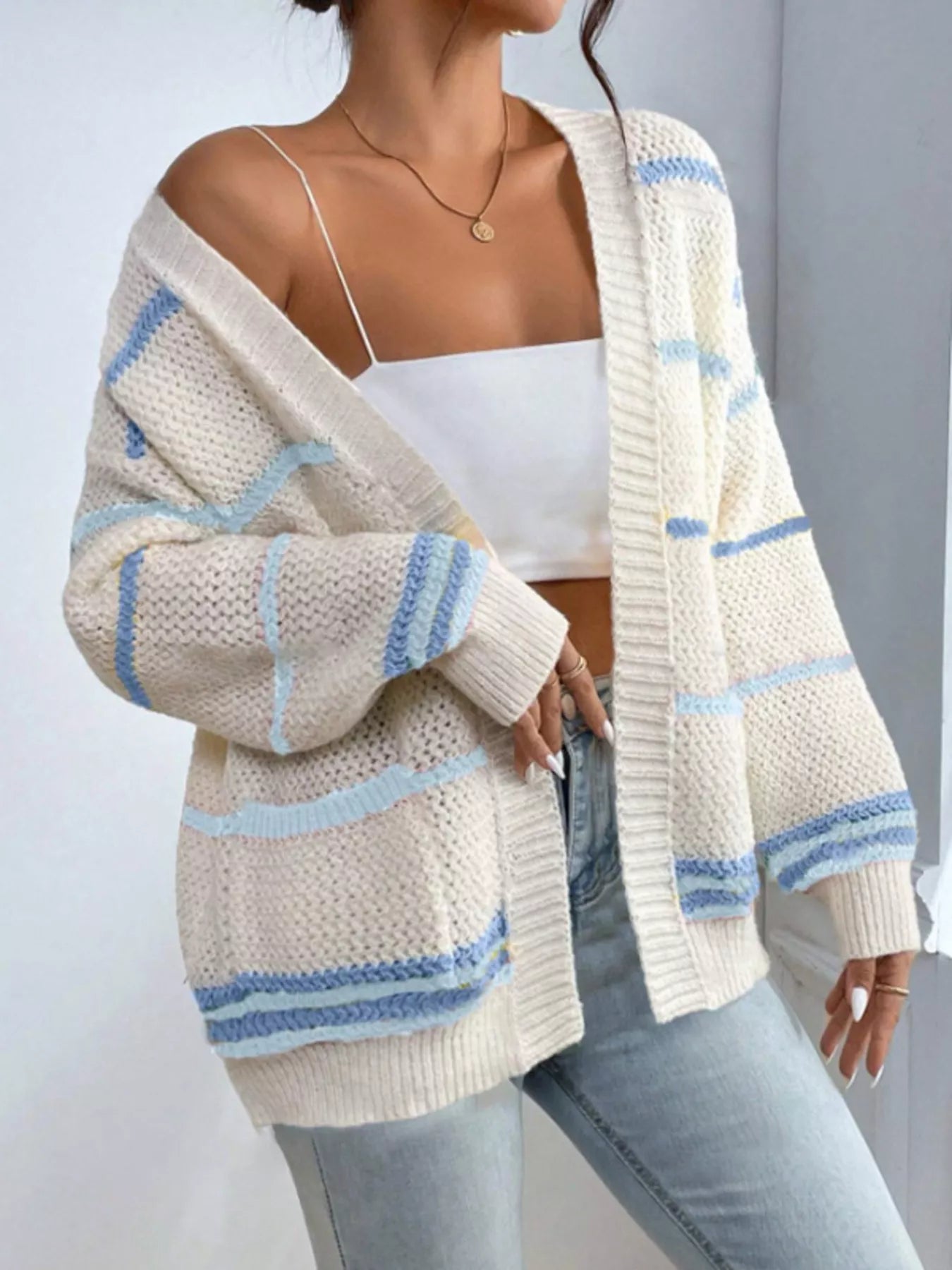 Striped Knit Open Front Cardigan designed for comfort and style at Lookzlike