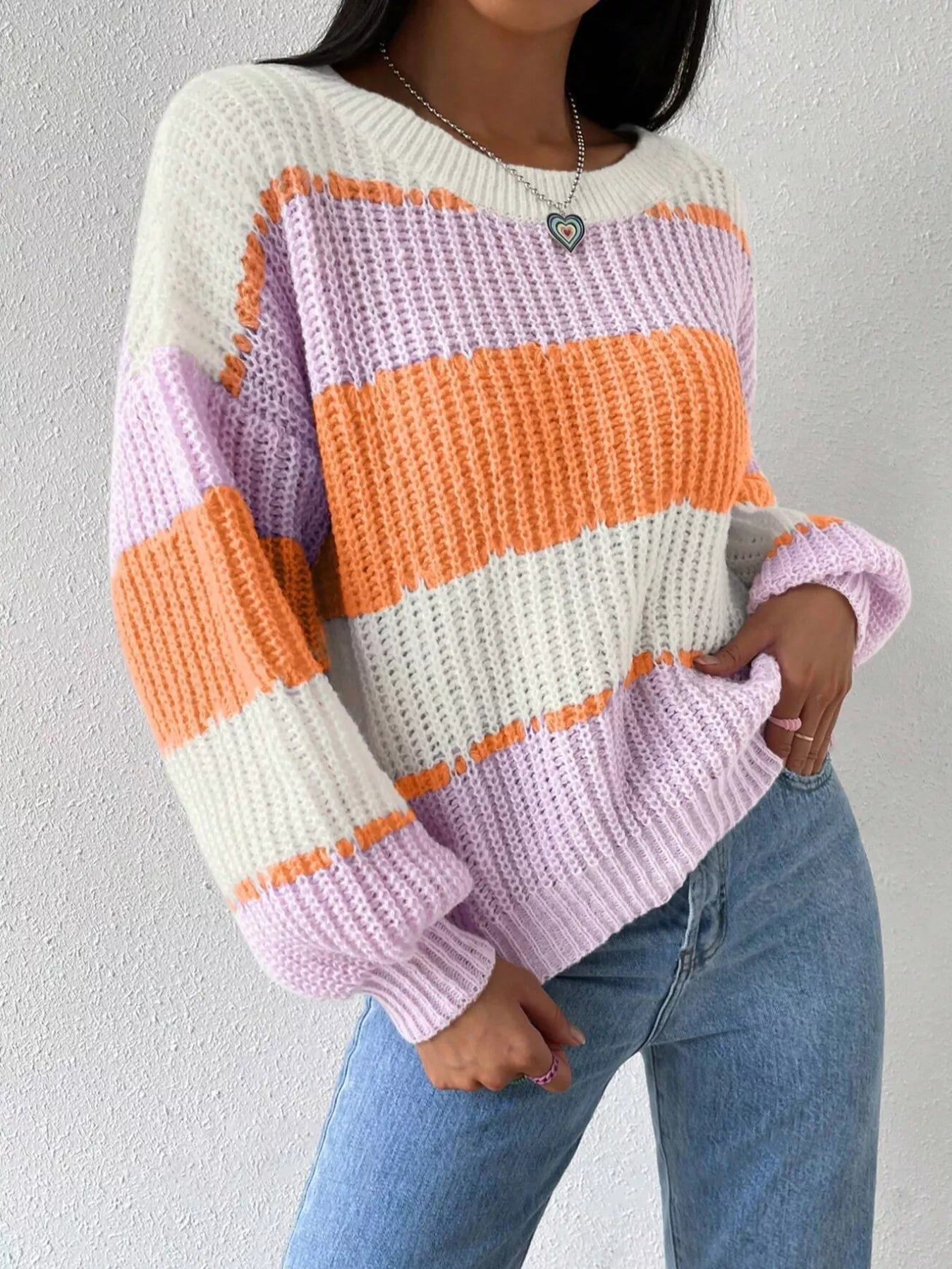Striped Knit Round Neck Sweater designed for comfort and style at Lookzlike