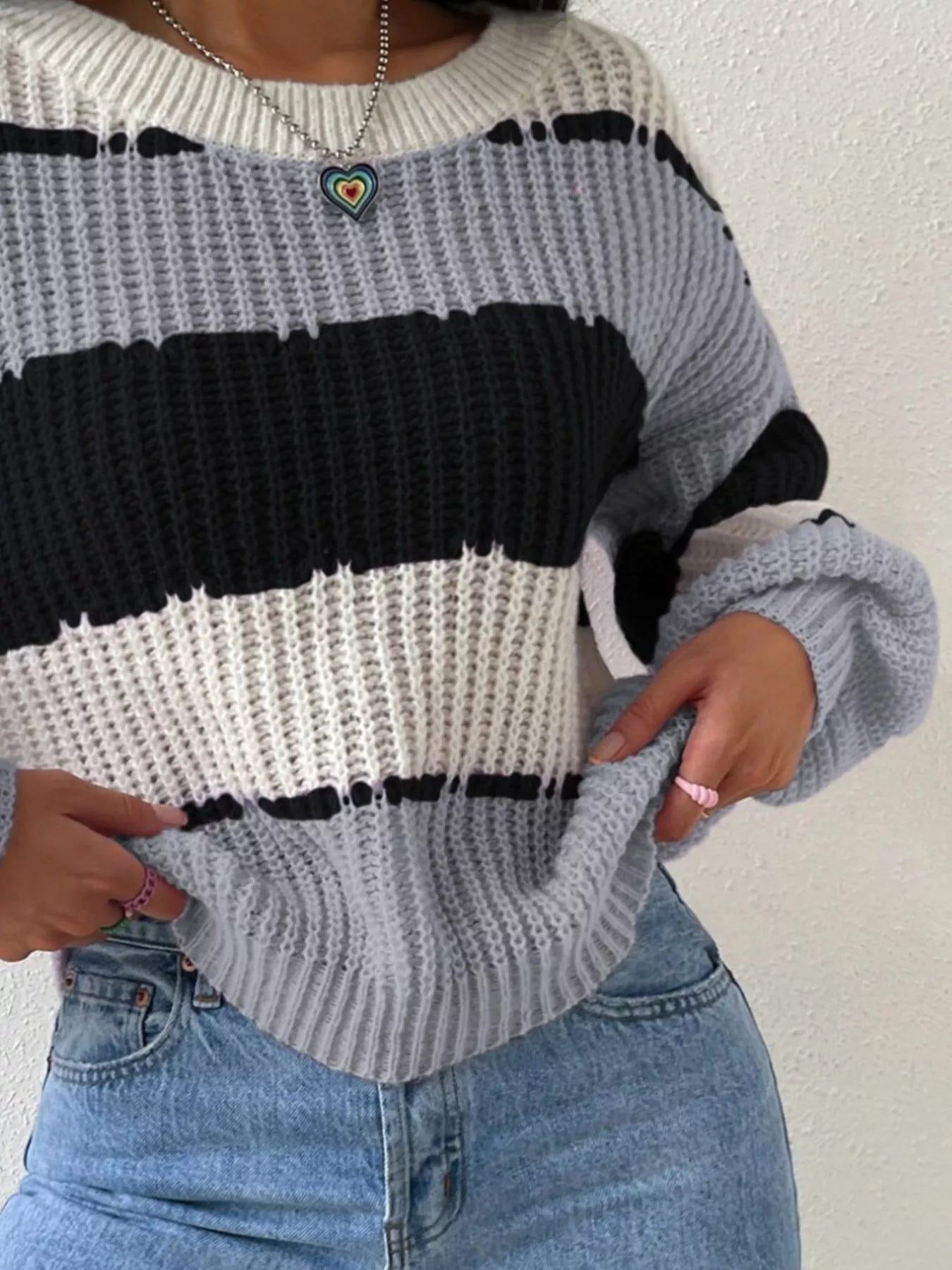 Striped Knit Round Neck Sweater designed for comfort and style at Lookzlike
