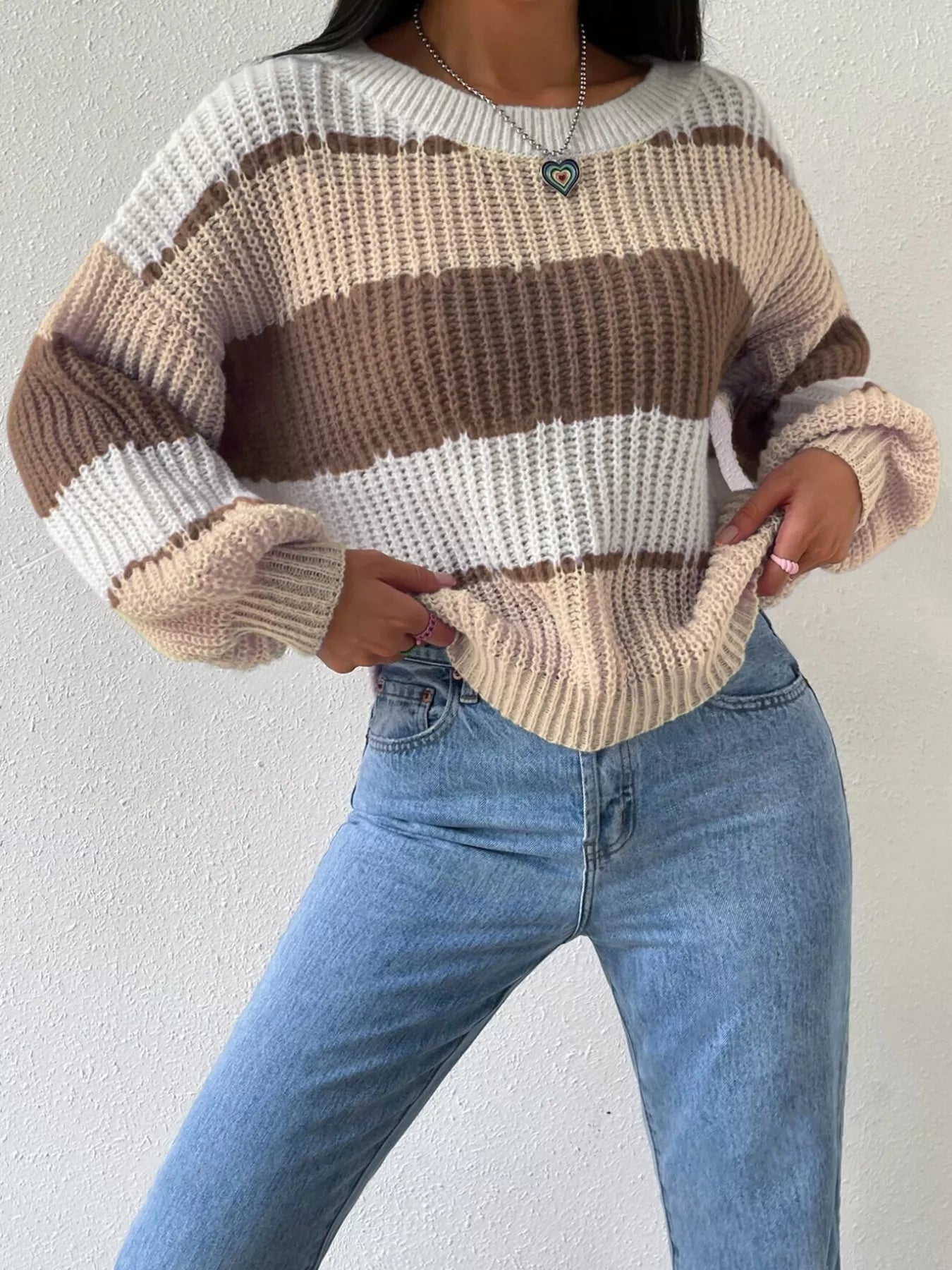 Striped Knit Round Neck Sweater designed for comfort and style at Lookzlike