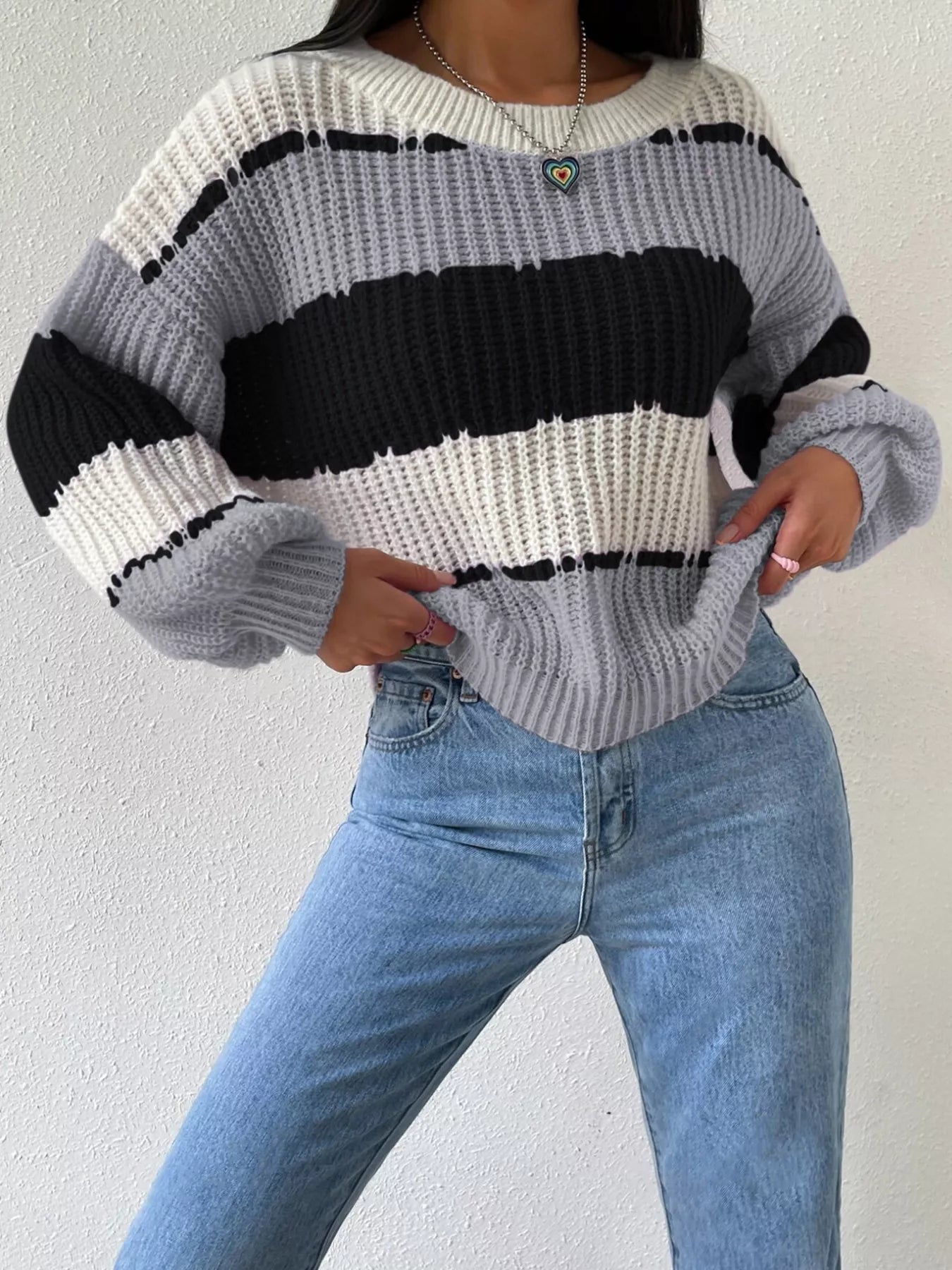 Striped Knit Round Neck Sweater designed for comfort and style at Lookzlike