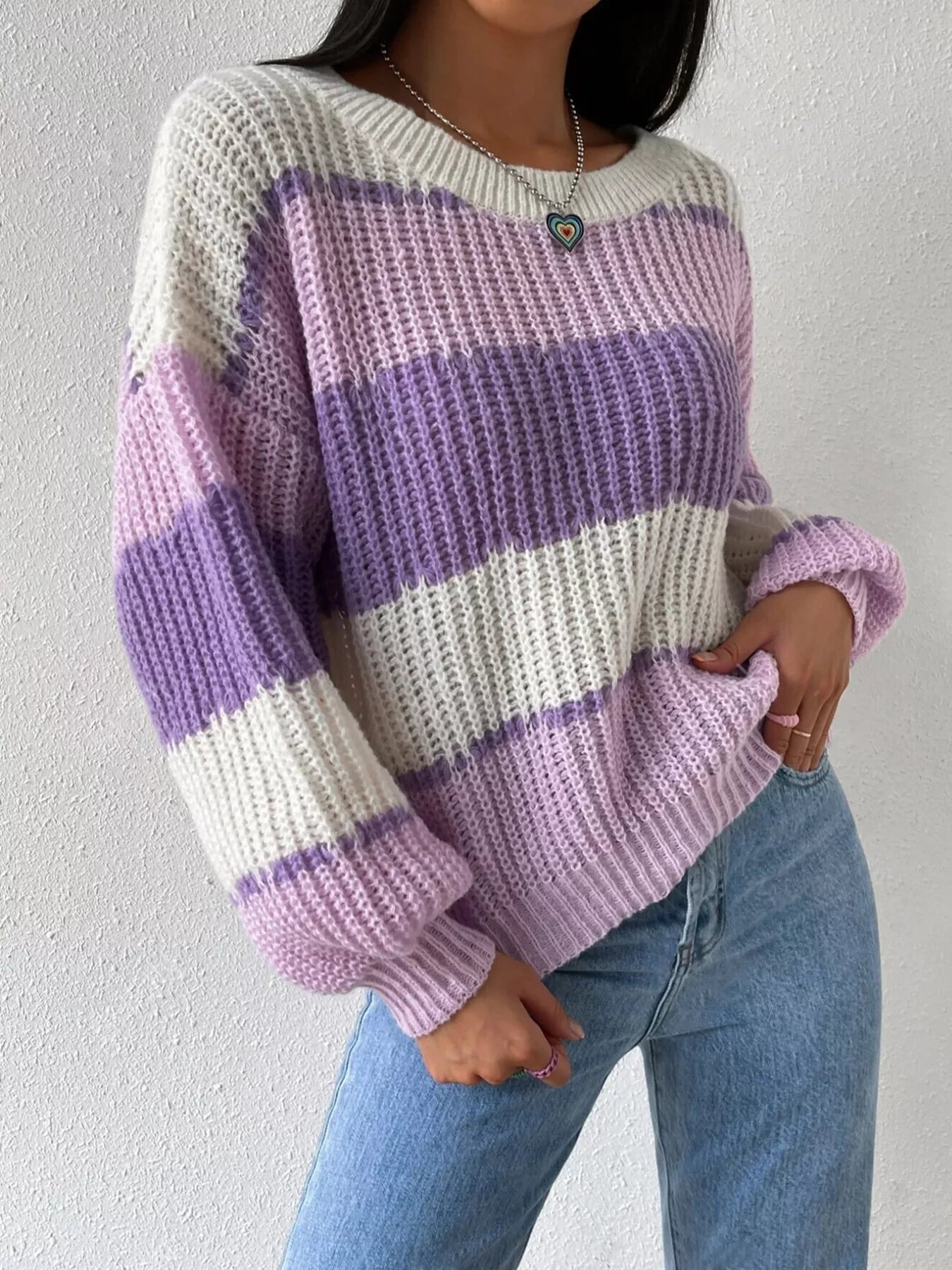 Striped Knit Round Neck Sweater designed for comfort and style at Lookzlike