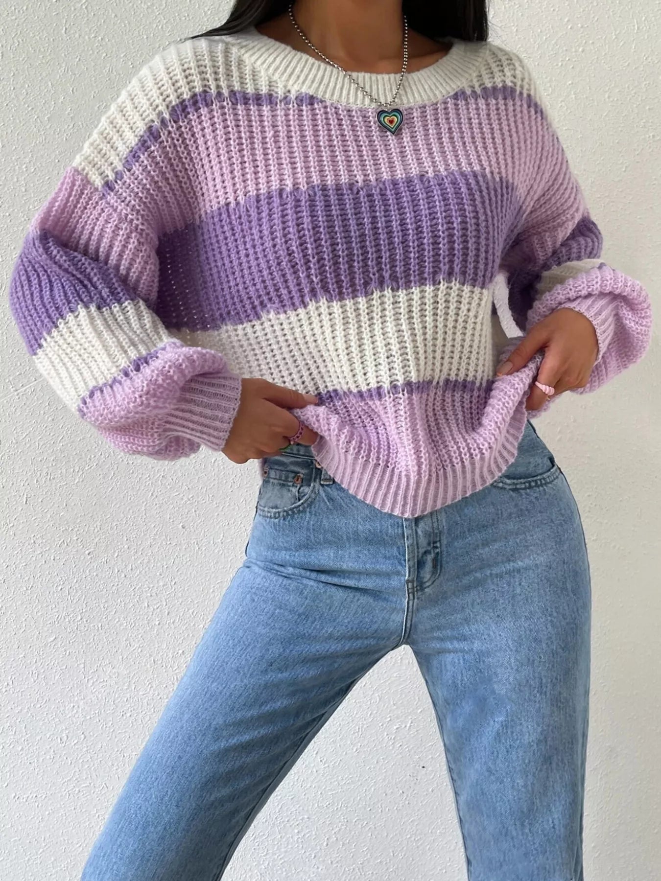 Striped Knit Round Neck Sweater designed for comfort and style at Lookzlike
