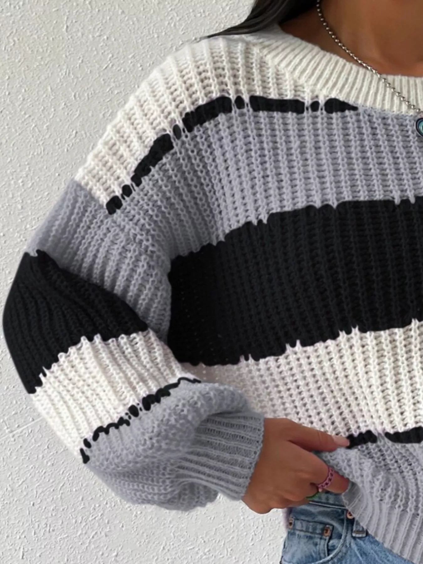 Striped Knit Round Neck Sweater designed for comfort and style at Lookzlike