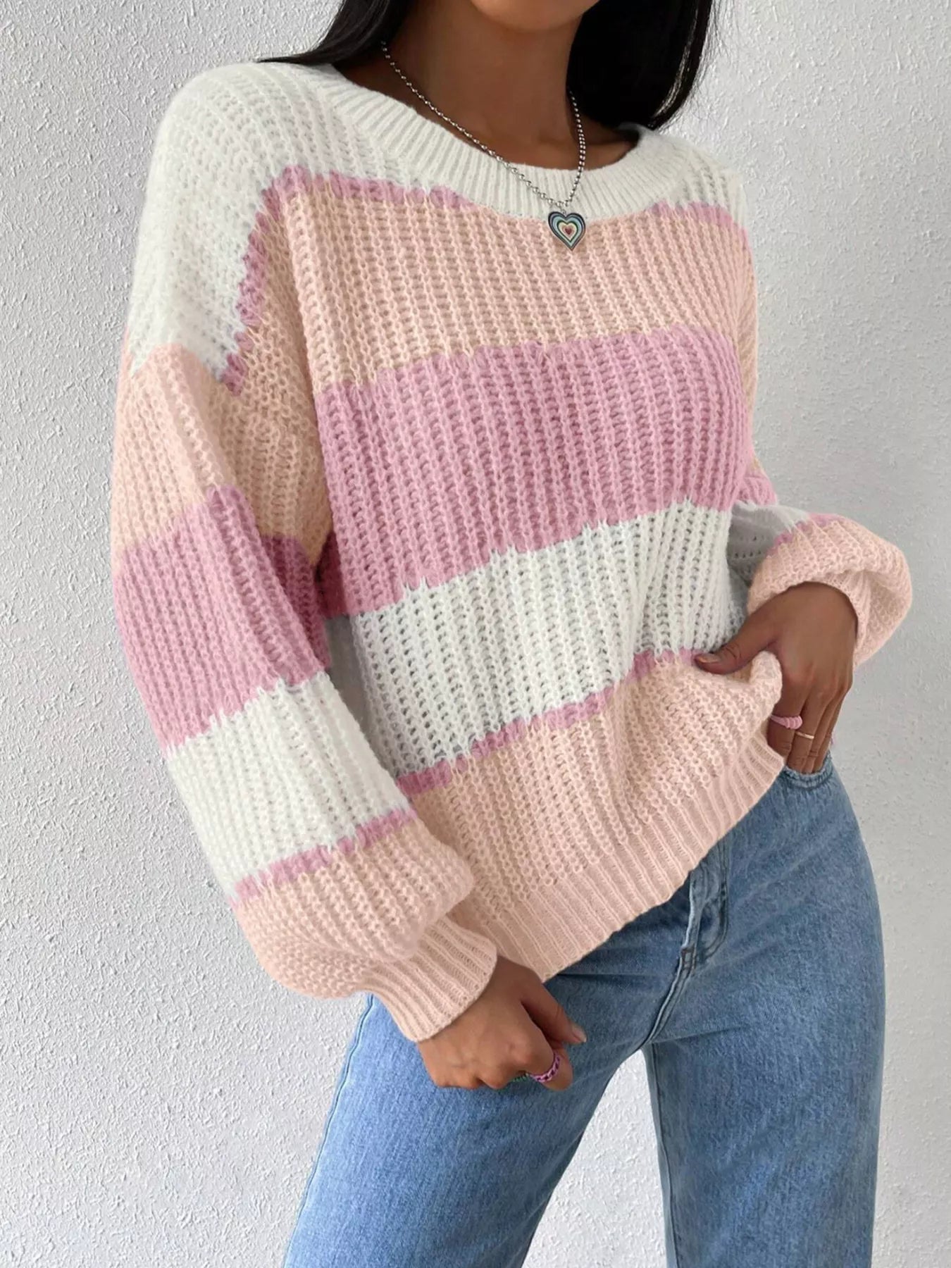 Striped Knit Round Neck Sweater designed for comfort and style at Lookzlike