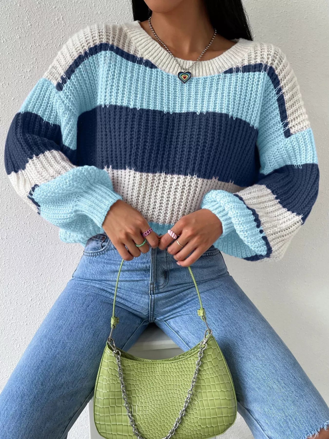 Striped Knit Round Neck Sweater designed for comfort and style at Lookzlike
