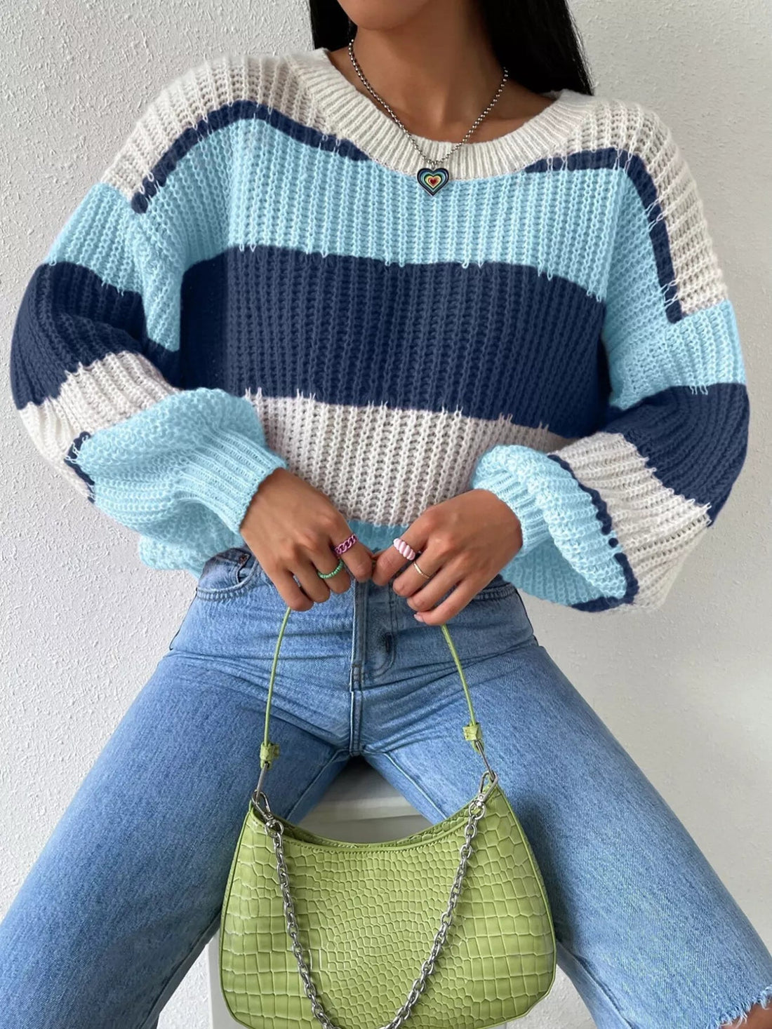 Striped Knit Round Neck Sweater designed for comfort and style at Lookzlike
