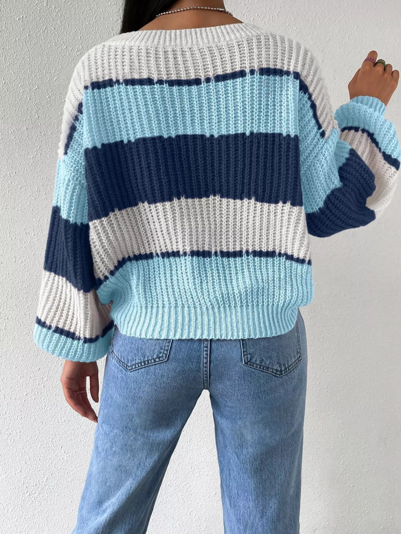 Striped Knit Round Neck Sweater designed for comfort and style at Lookzlike
