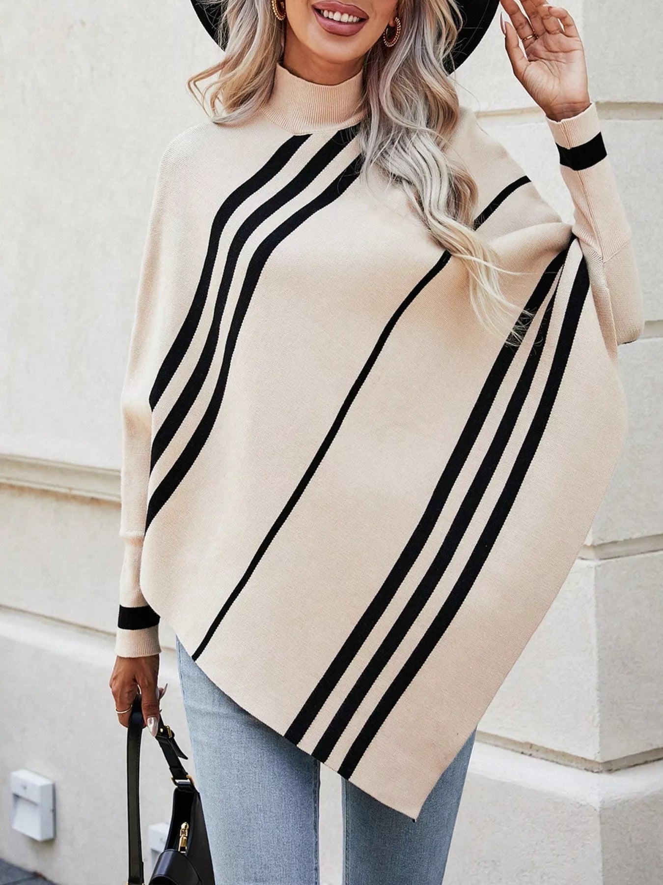 Striped Pattern Batwing Sleeve Sweater designed for comfort and style at Lookzlike