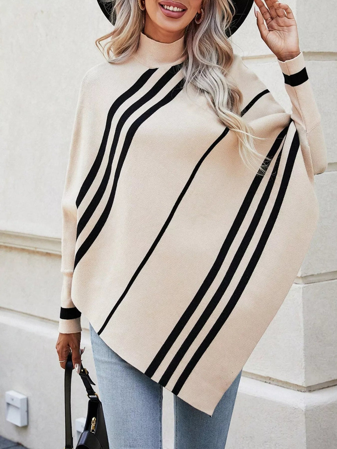 Striped Pattern Batwing Sleeve Sweater designed for comfort and style at Lookzlike