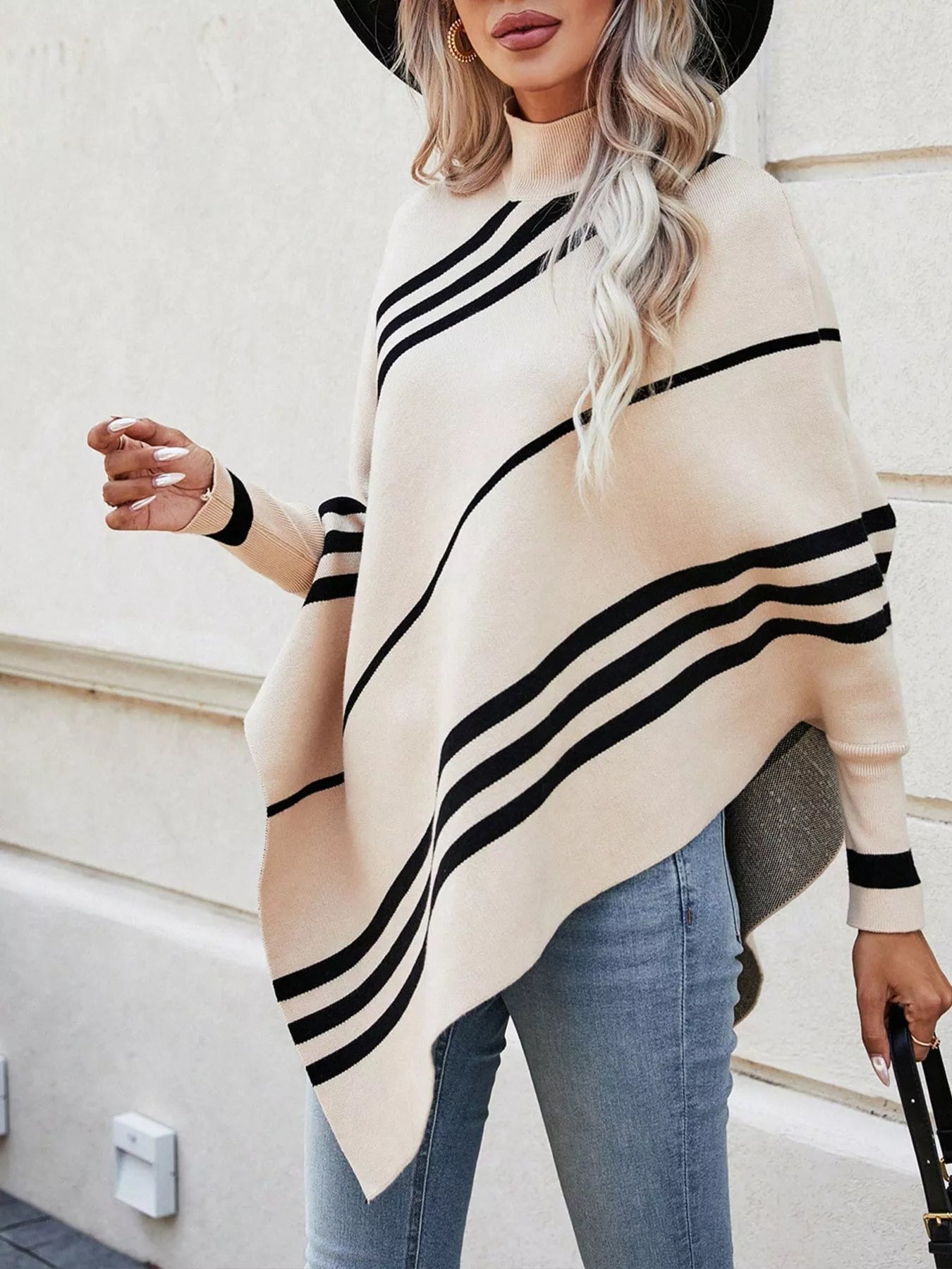Striped Pattern Batwing Sleeve Sweater designed for comfort and style at Lookzlike