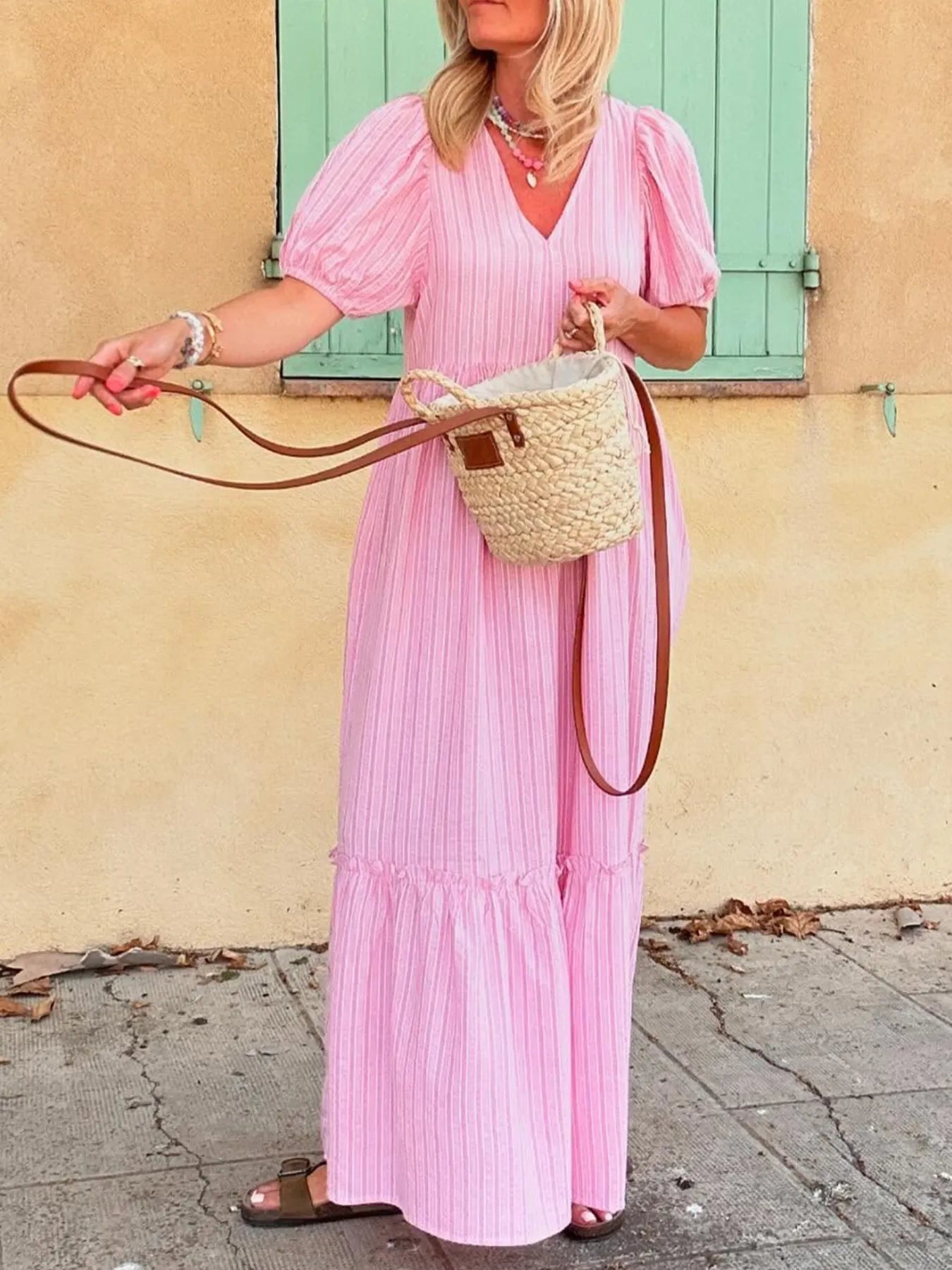 Striped Puff Sleeve V-Neck Maxi Dress - Lookzlike