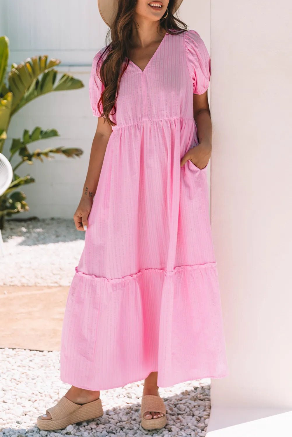 Striped Puff Sleeve V-Neck Maxi Dress - Lookzlike