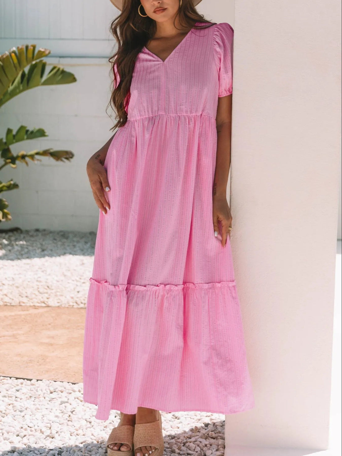 Striped Puff Sleeve V-Neck Maxi Dress - Lookzlike