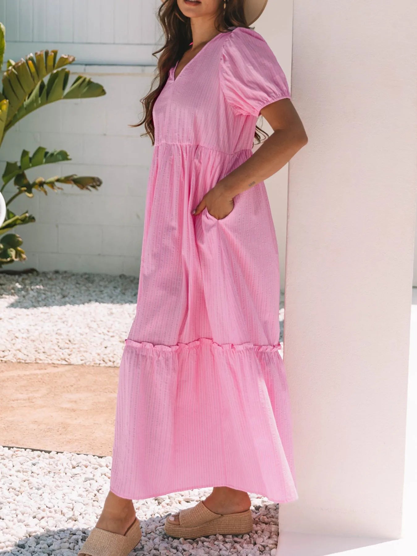 Striped Puff Sleeve V-Neck Maxi Dress - Lookzlike