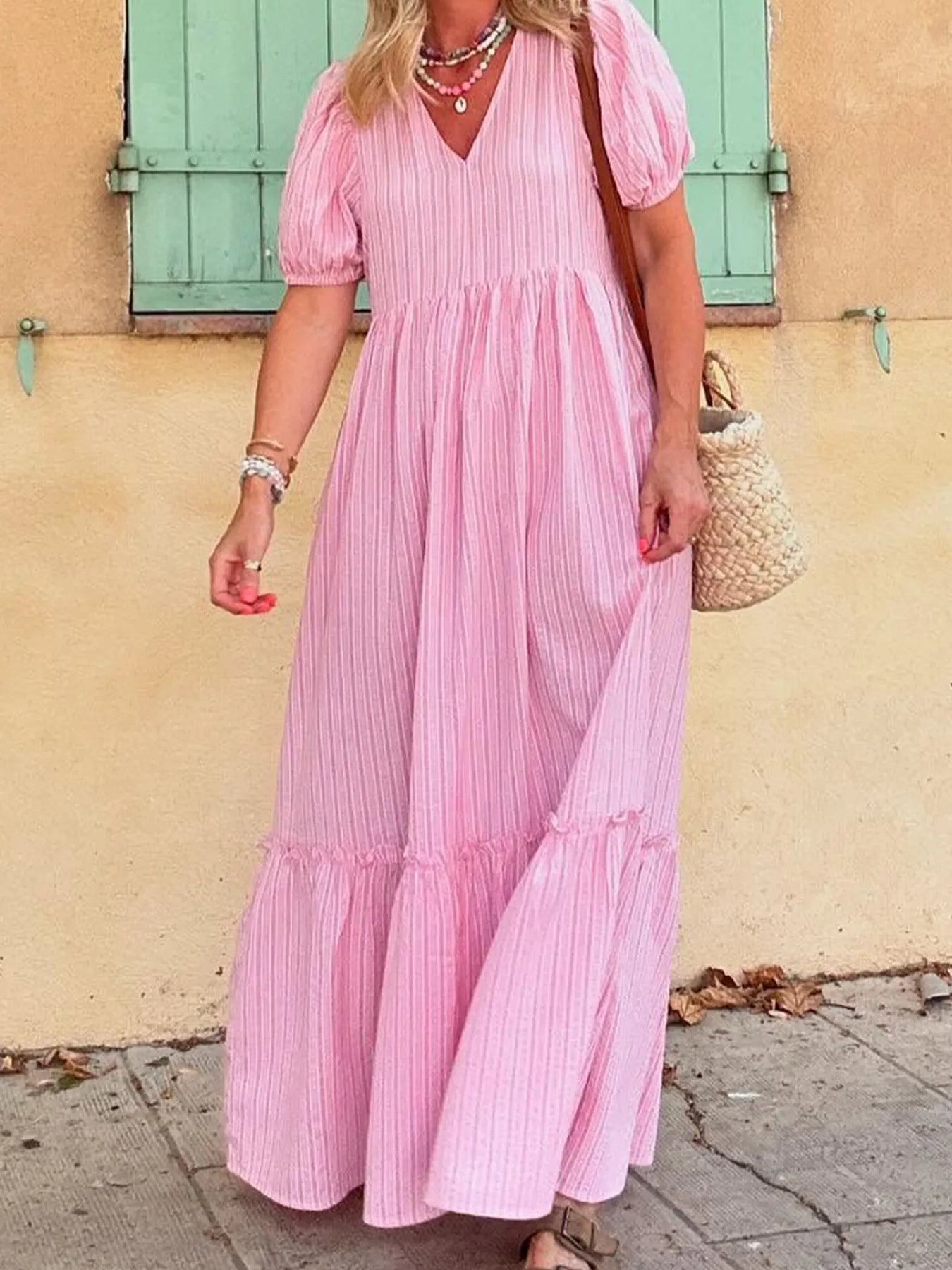 Striped Puff Sleeve V-Neck Maxi Dress - Lookzlike