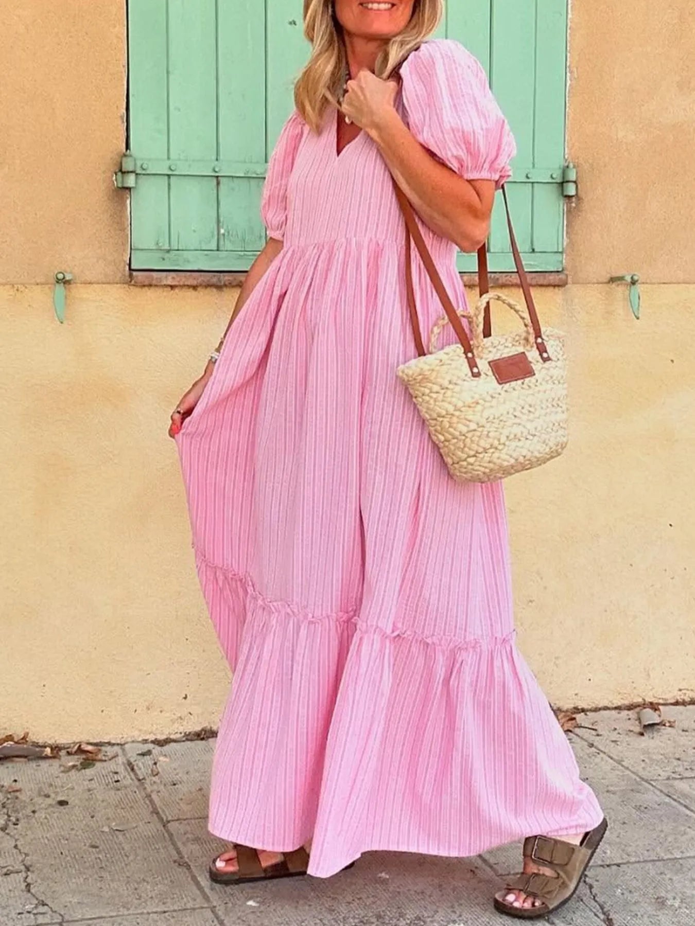 Striped Puff Sleeve V-Neck Maxi Dress - Lookzlike