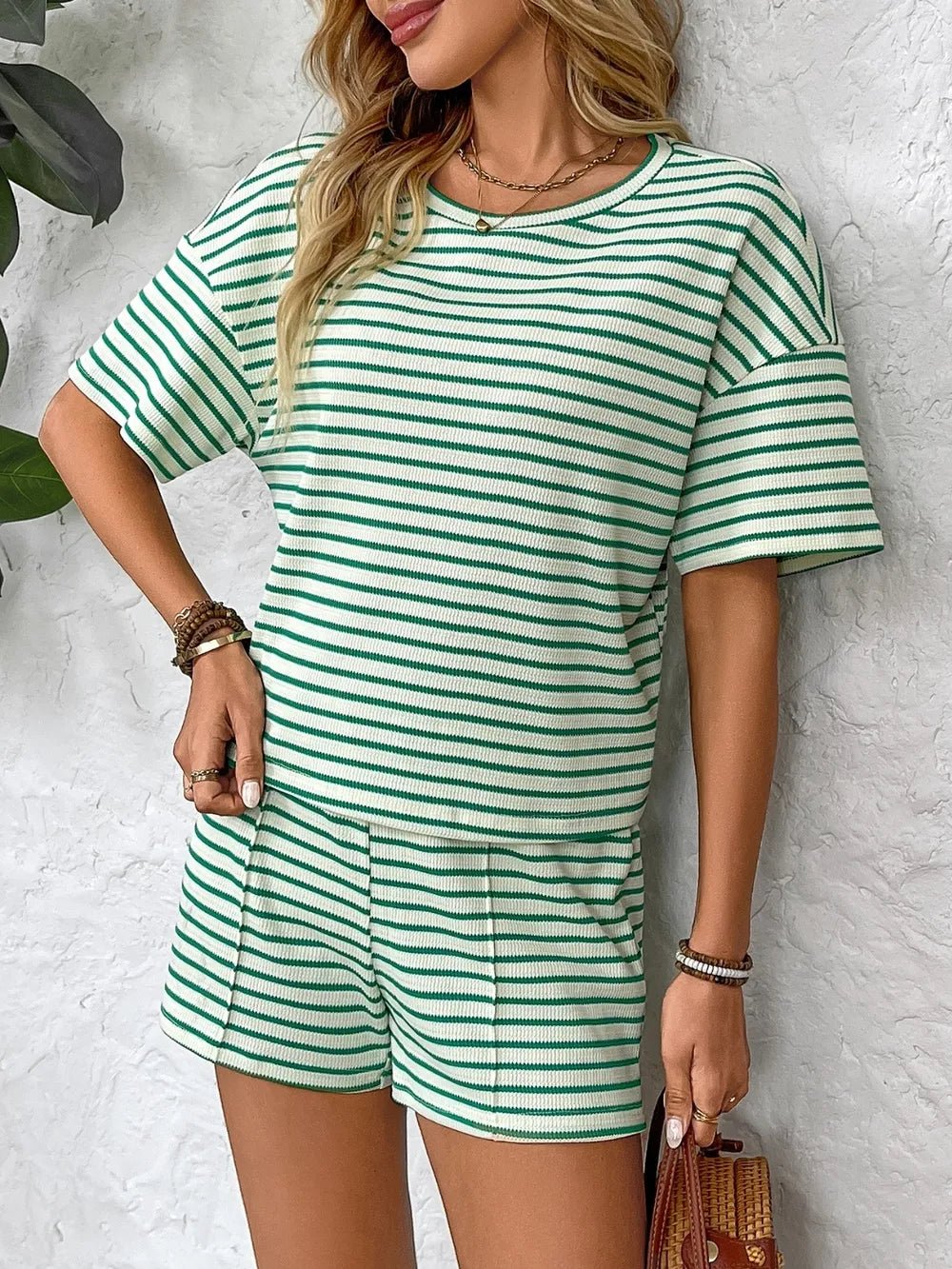 Striped Round Neck Short Sleeve Top and Shorts Set - Lookzlike